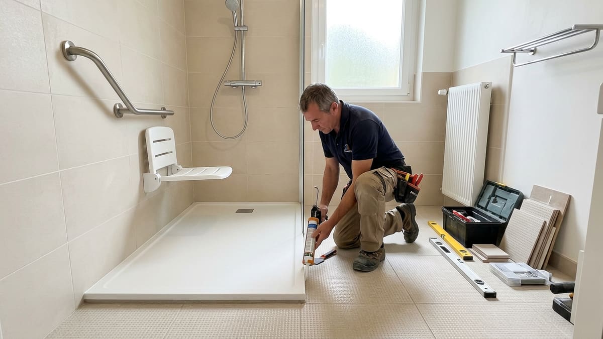 Aménagement d'une salle de bain pour une douche senior avec siège et barres d'appui