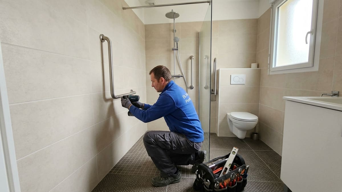 Salle de bain moderne et sécurisée avec douche à l'italienne et barres d'appui pour senior