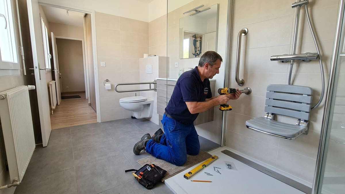 Salle de bain moderne avec douche senior extra-plate et barres d'appui
