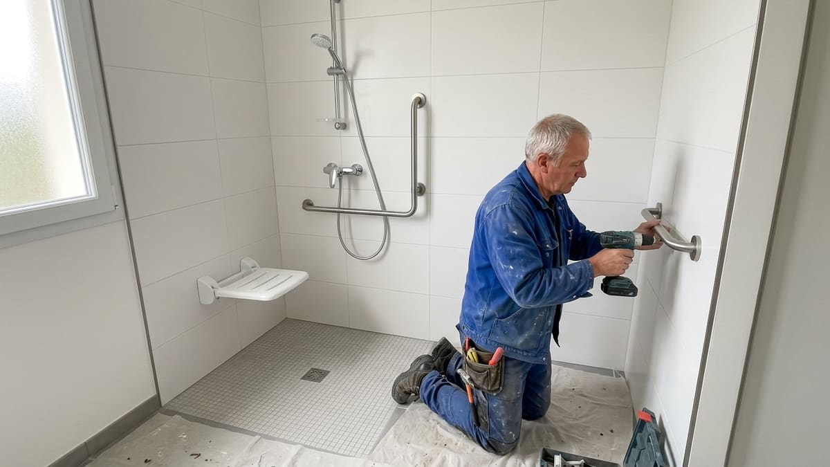 Salle de bain adaptée avec douche senior, receveur plat, barres d'appui et siège intégré