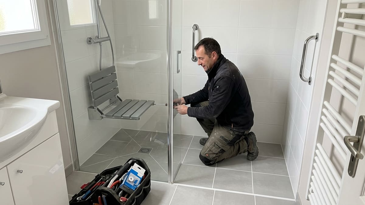 Aménagement d’une douche sécurisée pour personne âgée avec siège et barres d’appui